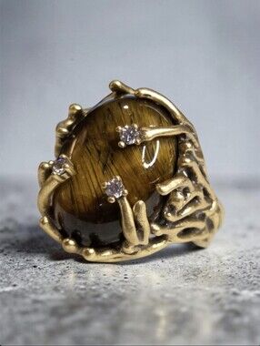 18k Gold Plated Tigers Eye Stone Crystal Caged Oversized Statement Ring